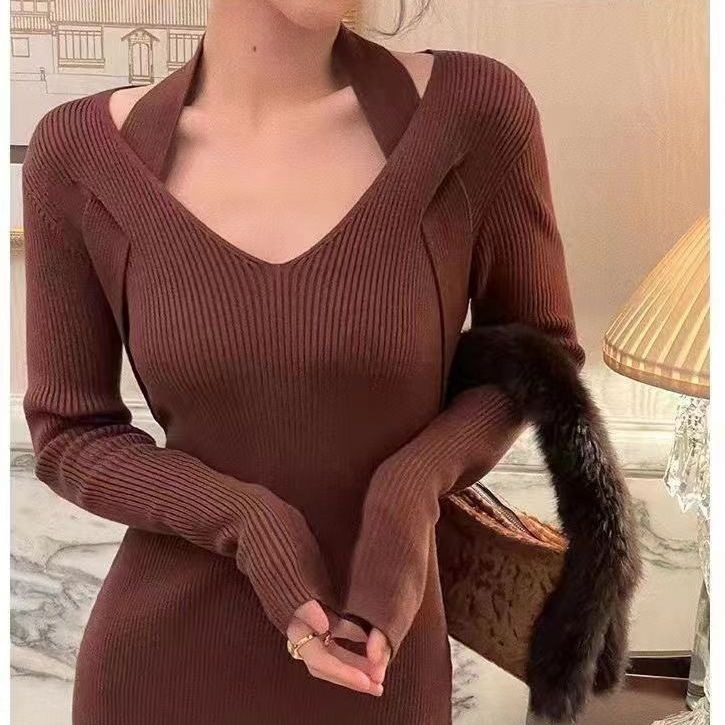 2023 Autumn and Winter New Halter Slim Fit Knitted Dress Woolen Skirt Match with Coat Inner Wear Split Long Bottoming Skirt