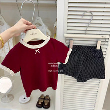 女童夏季领口花边短袖T恤洋气休闲波点牛仔短裤女宝宝韩版两件套