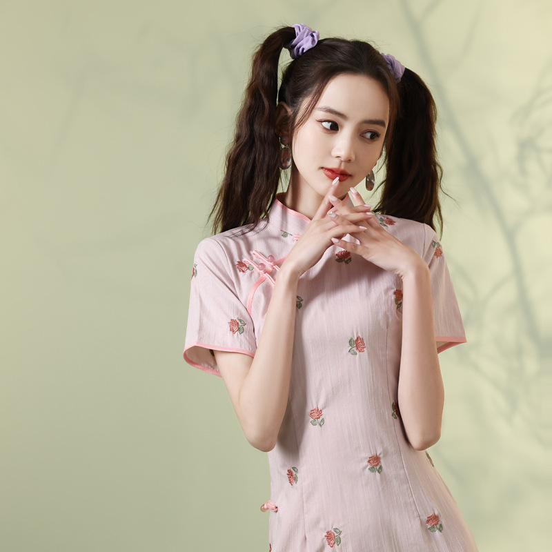 老上海棉麻旗袍女改良夏2021年新款学生年轻款复古粉色少女装民国