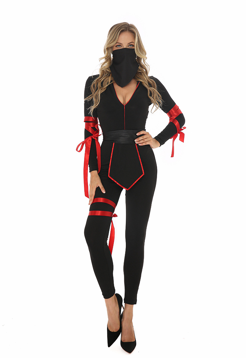 万圣节女斗士武士服装 黑红色连体火影忍者cosplay女战士游戏服