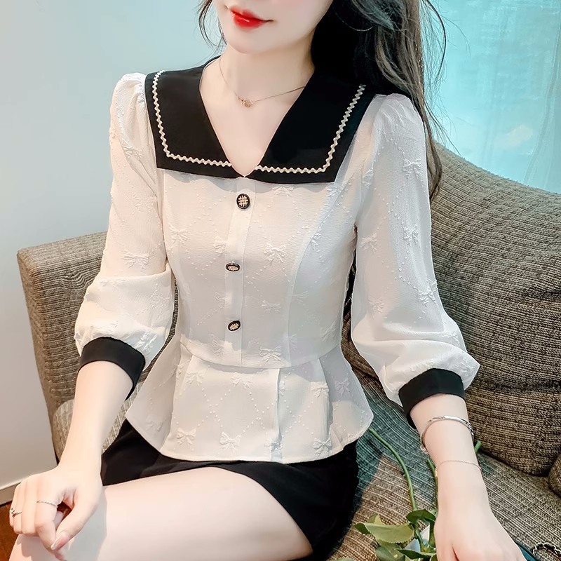 娃娃领雪纺衬衫女装春装2024年新款卡腰小衫短款洋气修身别致上衣