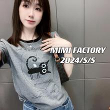 MIMI FACTORY 4号店春季爱心猫咪印花短袖T恤女修身显瘦时尚休闲