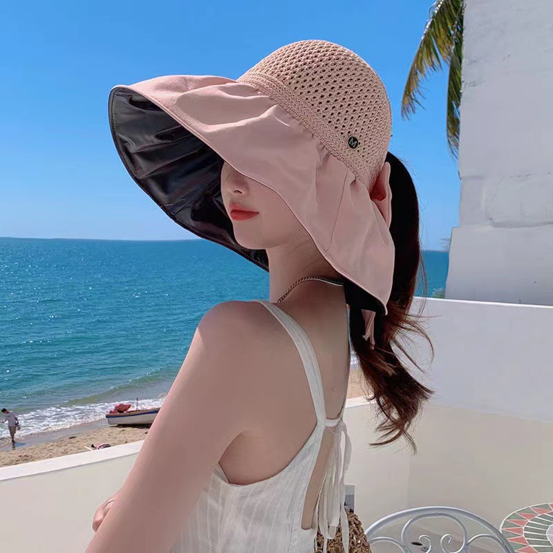 Women's Ponytail Hat Summer Sun-Proof Bucket Hat Black Rubber Cover Face Big Brim UV-Proof Sun Hat