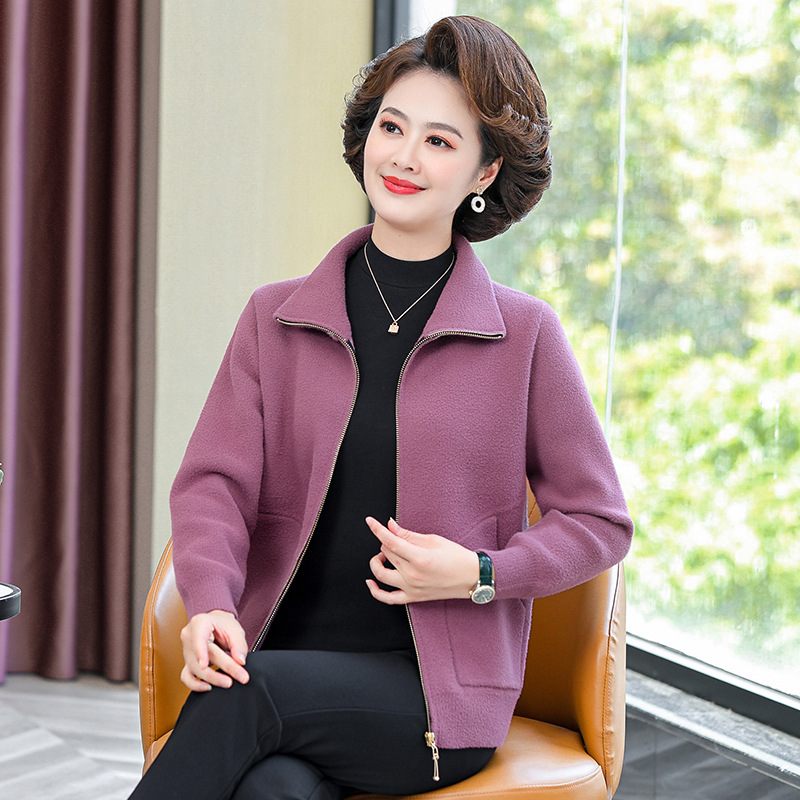 Mom Autumn Clothes Double-Faced Woolen Goods Short Coat 2023 New Middle-Aged Women's Lapel Sweater Cardigan Middle-Aged and Elderly Top