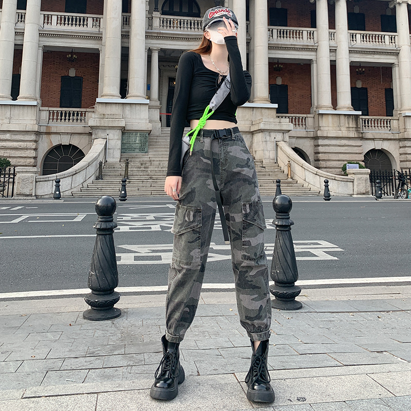 美式高街复古hiphop迷彩工装裤女宽松显瘦微弹束脚休闲哈伦牛仔裤