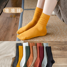 袜子女冬季堆堆袜纯色中筒袜日系学院风长筒棉袜双针竖条百搭潮袜