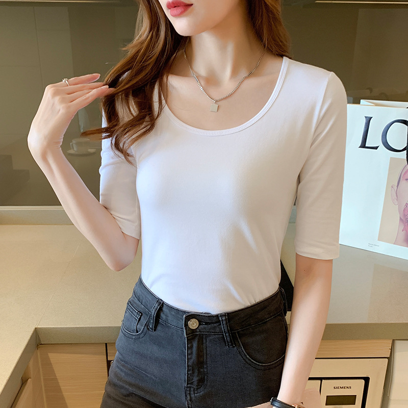 春夏季白色中袖圆领修身打底衫t恤女2024新款半袖紧身五分袖上衣