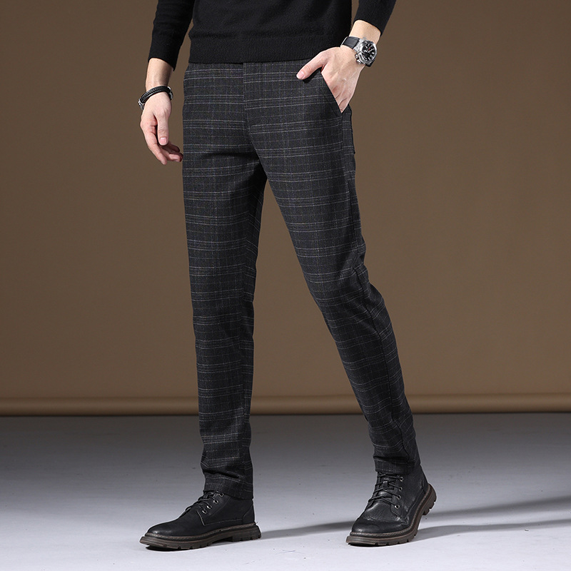 爆款毛呢格子休闲裤男士韩版修身小脚长裤青年磨毛潮流时尚男裤子