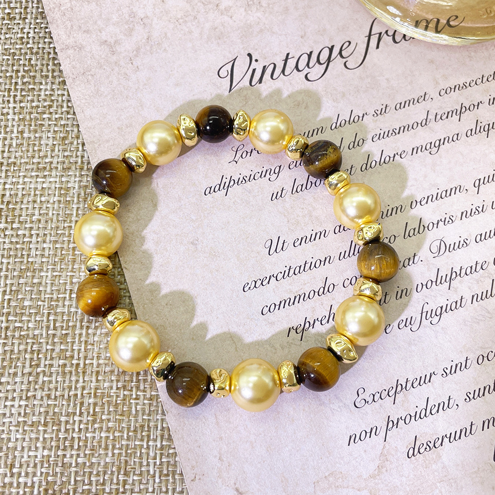 美拉德风天然虎眼石手链串珠复古国产施家珍珠手串高级轻奢混珠链