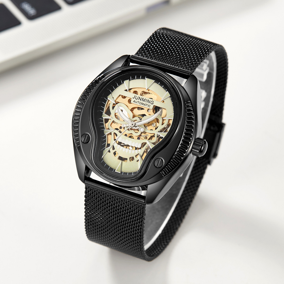 junming瑞士正品时尚防水男士手表钢带夜光全自动机械表镂空骷髅