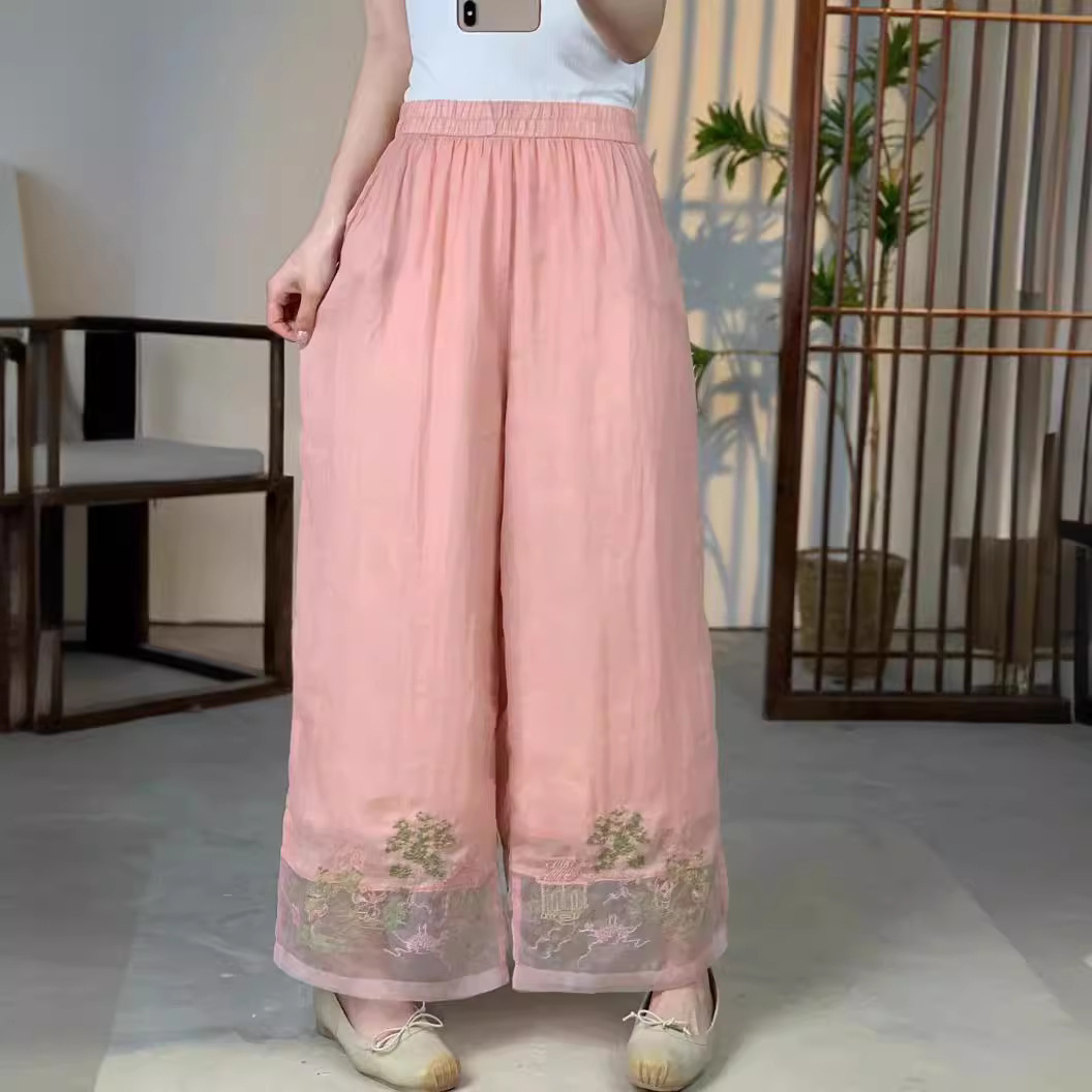 2024夏季新款纯色假两件文艺苎麻双层阔腿裤松紧腰国风刺绣休闲裤