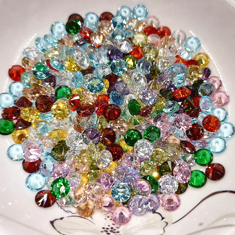 3a圆形尖底混彩彩色锆石裸石 diy美甲碎钻宝石镶嵌首饰配件装饰钻