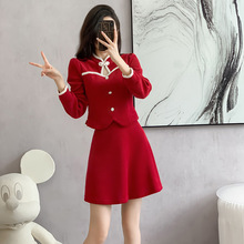 春秋新款高品质改良旗袍国风显瘦红色灯芯绒甜美时尚短裙两件套女