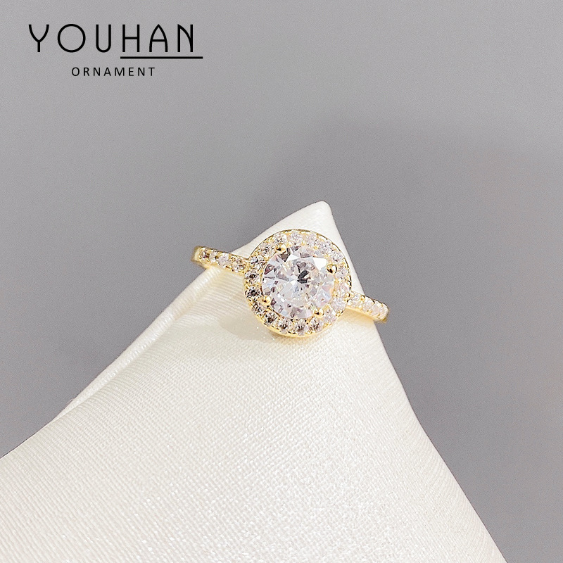 Korean Dongdaemun Fashion Simple Style round Zircon Super Flash Ring Open Ring Online Influencer Refined Index Finger Ring