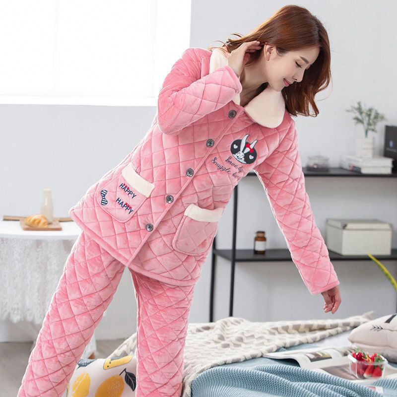 睡衣女秋冬厚绒珊瑚绒三层夹棉保暖超厚水晶绒家居服套装棉袄