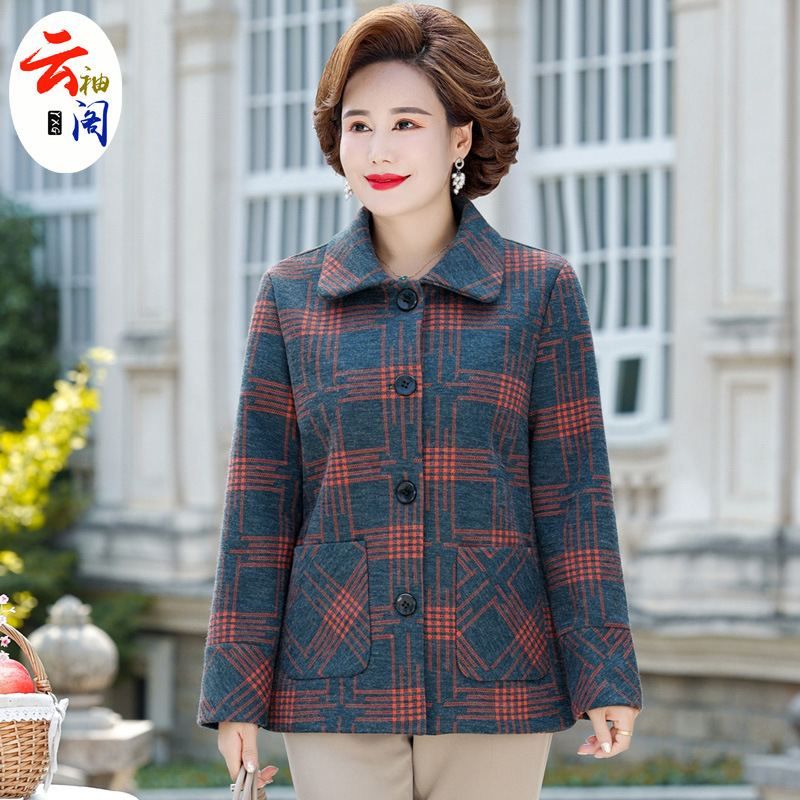 中老年妈妈装春季毛呢外套2024新款女士上衣翻领宽松加肥奶奶女装