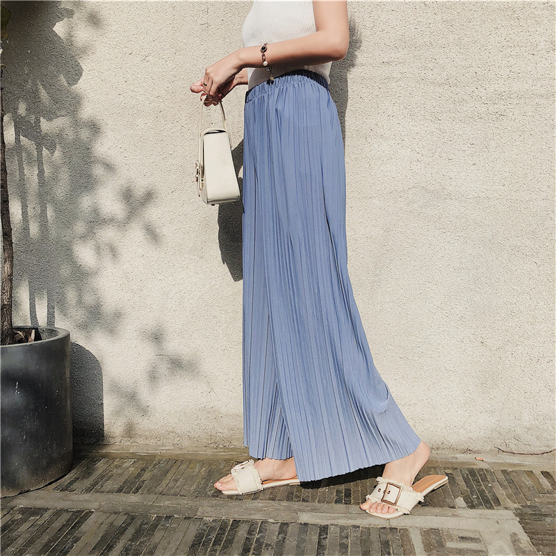 Korean Style 2020 Summer New High Waist Pleated Chiffon Wide-Leg Pants Women's Spring and Summer Cropped Student Hong Kong Style Loose Women Clothes