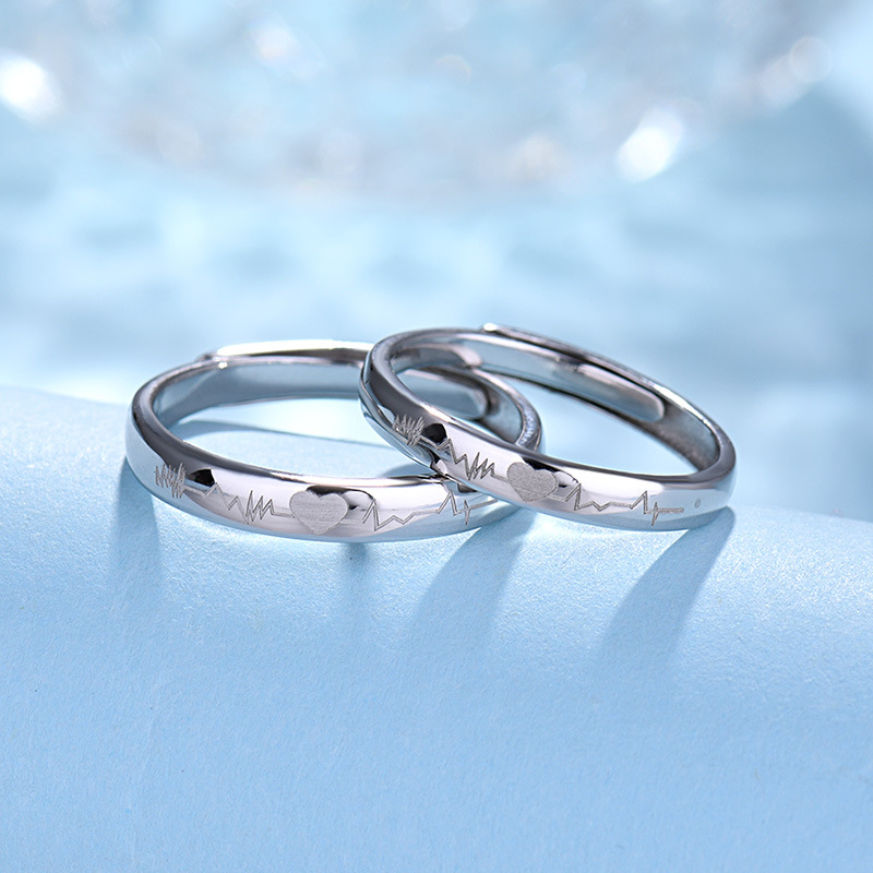 s925银戒指韩版情侣对戒开口活口心电图戒指个性简约简单大方礼物