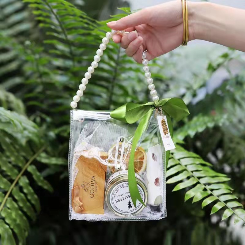 珍珠链透明pvc手提袋个性可爱手提包网红伴手礼喜糖礼品化妆包