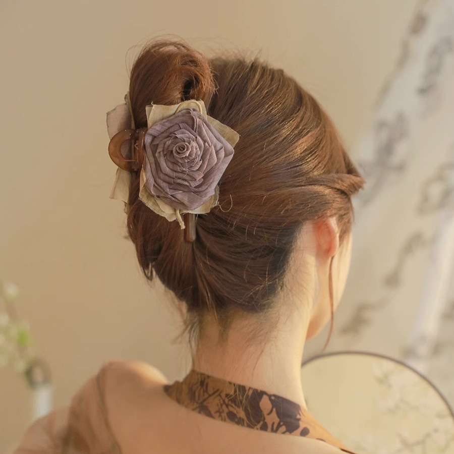 handmade fabric dried rose grip large high-grade barrettes women‘s back head antique shark clip elegant headdress