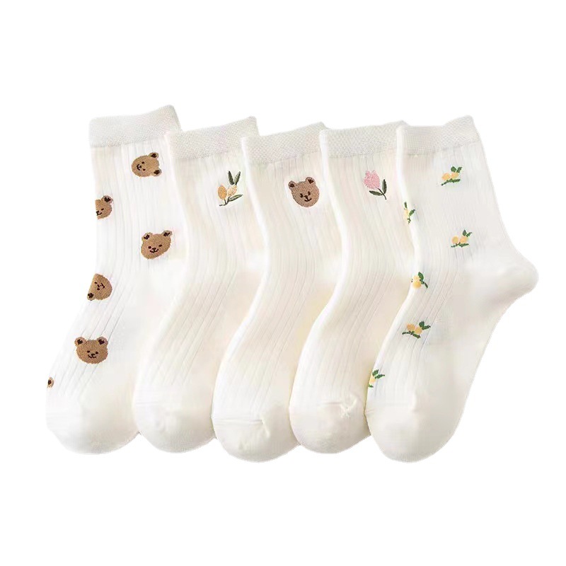 Women's Socks Knee-High White Socks Vertical Stripes Bear Japanese Cute Long Socks Ins Tide Student Socks Casual Socks