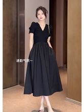 9982春装新款气质赫本风长裙茶歇法式小个子黑色连衣裙子女夏季