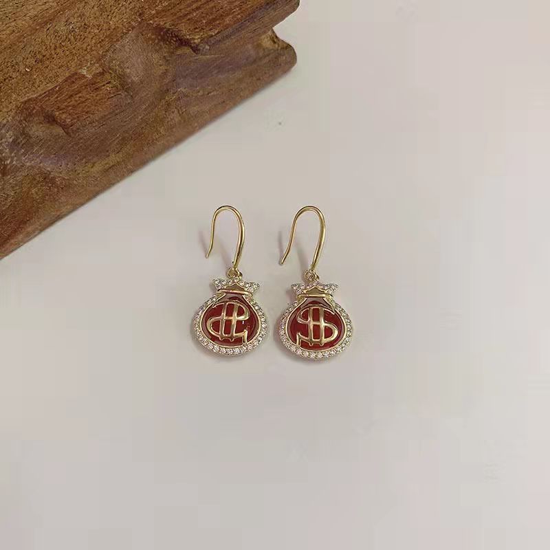 Opal Purse Lucky Bag Ear Hook Earrings Korean Style Cool Trendy High-Grade Niche Design Earrings