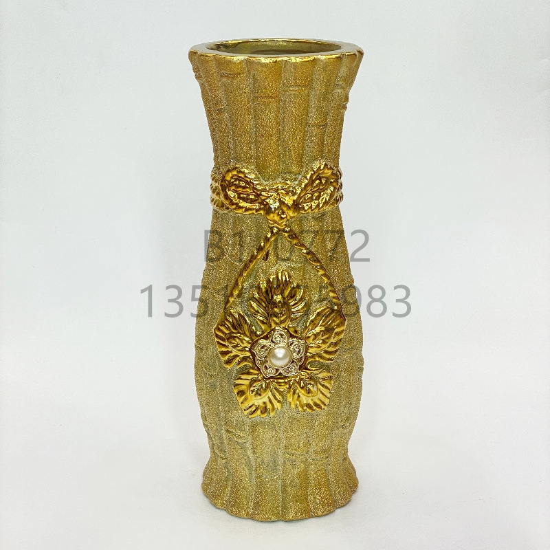 Sandy Gold Inlaid Beads Ceramic Vase 10-Inch 25cm High-End Modern Living Room Home Ornaments Flower Pot Wholesale