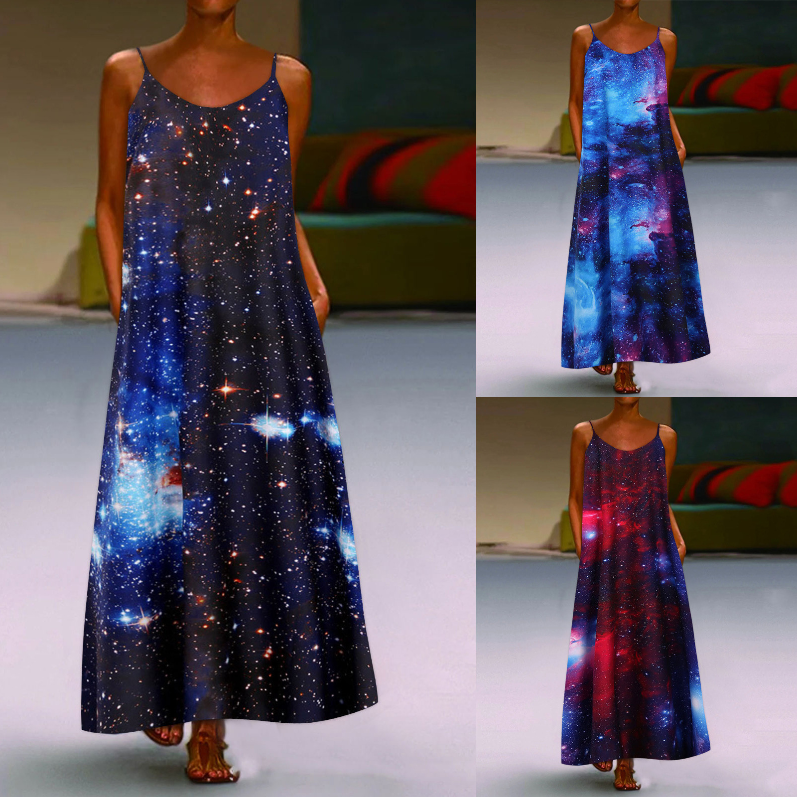 2021跨境新款亚马逊ebay热卖无袖时尚星空印花连衣裙女装吊带长裙