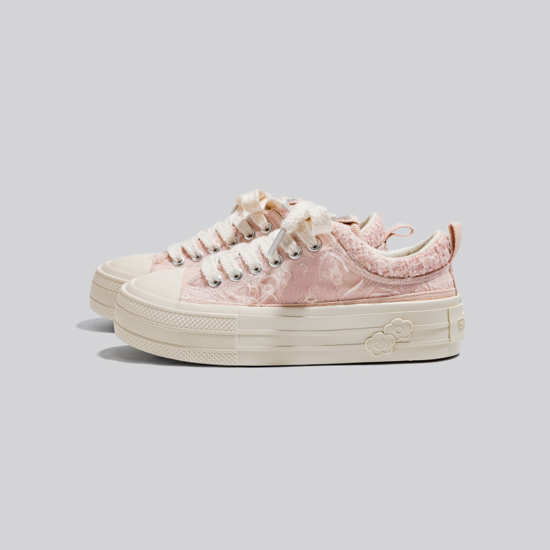 2024夏季新款亮面透气粉色帆布鞋女百搭休闲板鞋小众设计小白鞋女