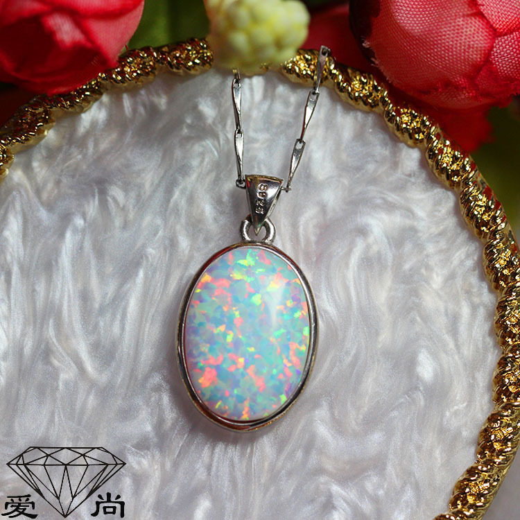 13x18mm简约款七彩火欧泊吊坠925银镀白金包边项链情侣银饰品