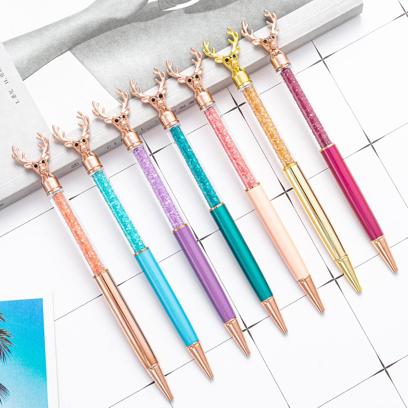 鹿头水晶笔 现货批发ins网红驯鹿造型水钻圆珠笔可印刷logo礼品笔