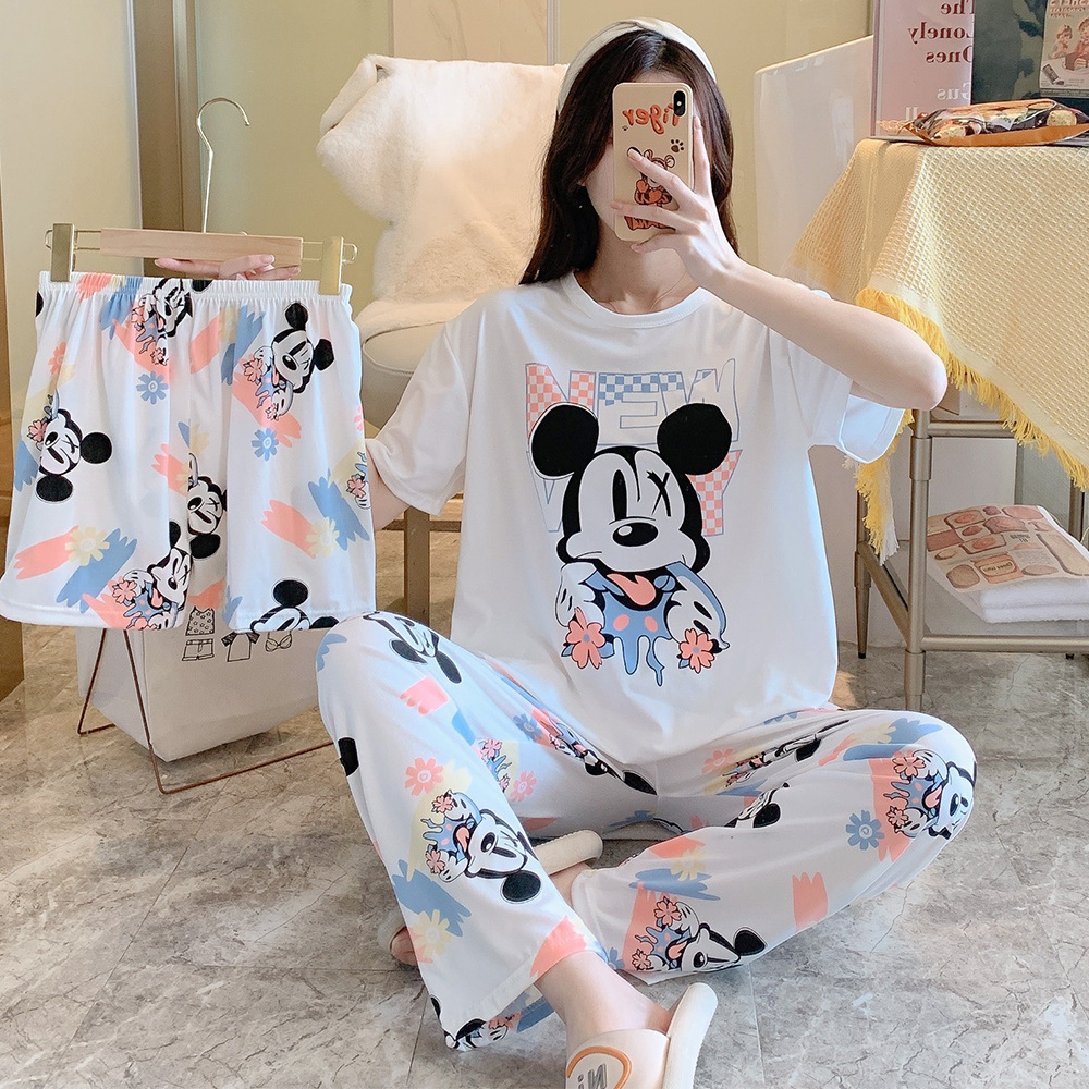 Tik Tok Live Stream Weishang Summer Short-Sleeved Women's Pajamas Three-Piece Cute Cartoon Home Wear Factory Direct Sales Processing