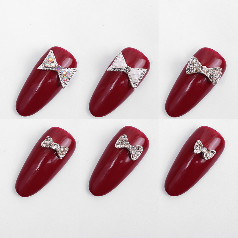 Nail Ornament Wholesale Bow Nail Beauty Alloy Ornaments Pearl Diamond Bow Nail Manicure Jewelry HD-049