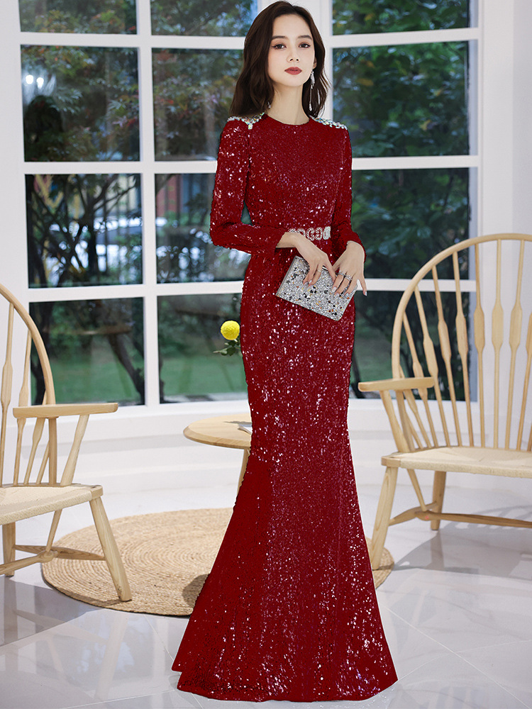 主持人晚礼服女2022新款宴会气质红色亮片表演长袖气质优雅连衣裙