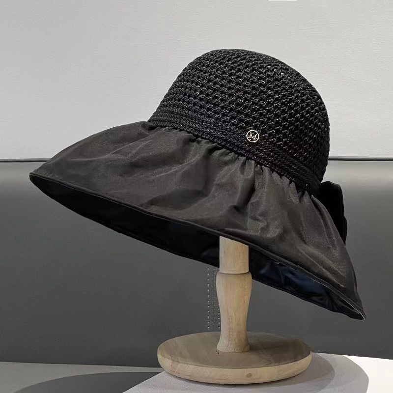 Women's Ponytail Hat Summer Sun-Proof Bucket Hat Black Rubber Cover Face Big Brim UV-Proof Sun Hat