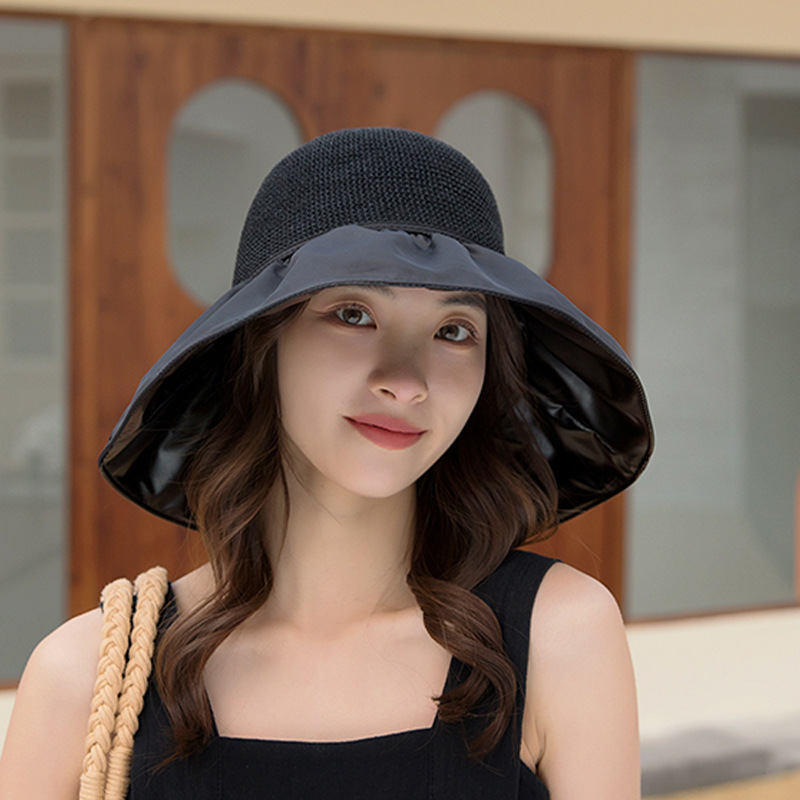 Hat Women's Fashion Summer Sun Hat Vinyl Sun Protection Hat Big Brim Bow Sun-Shade Fisherman Hat Outdoor Bucket Hat