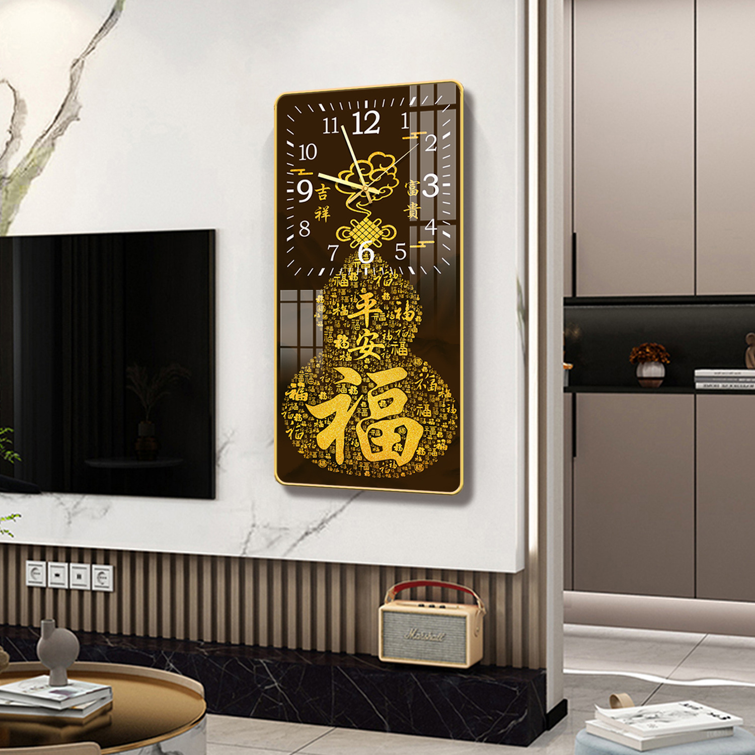 福字葫芦挂钟玄关客厅走廊装饰风水画挂墙钟表时钟批发静音免打孔