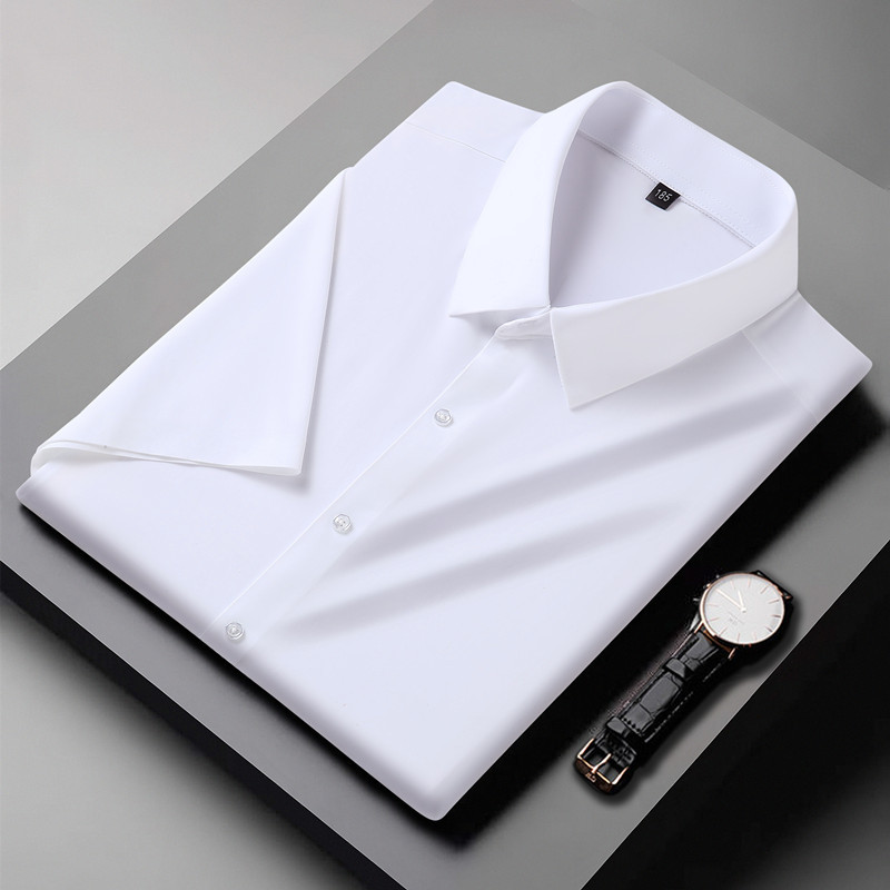 Summer Large Size Men's Seamless Non-Ironing High Elastic Ice Silk Short Sleeve Shirt plus-Sized plus-Sized Thin Solid Color Shirt Fat