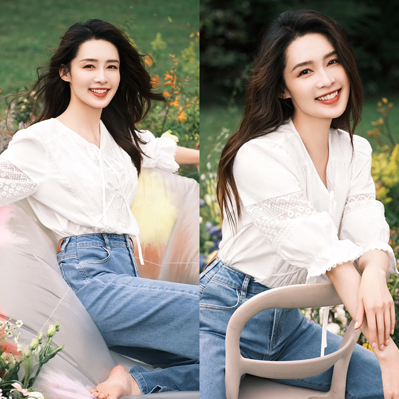 李沁同款白色衬衫2022夏季新款设计感小众刺绣拼接系带百搭上衣女