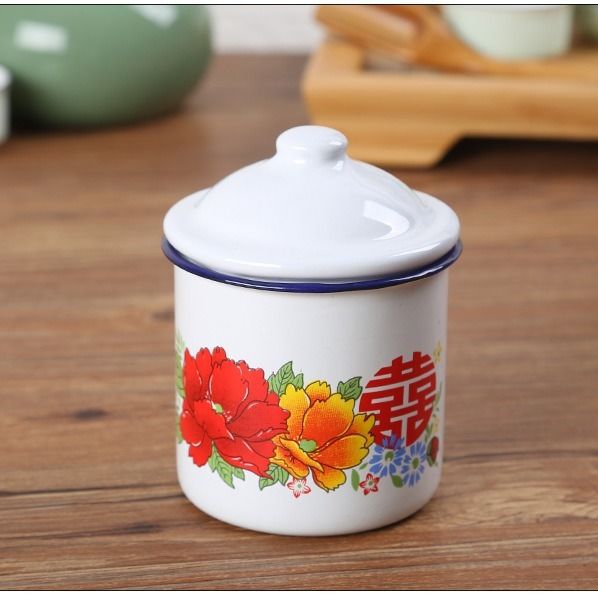 怀旧经典双喜字花搪瓷杯老式铁茶缸子复古老干部大容量带盖水杯