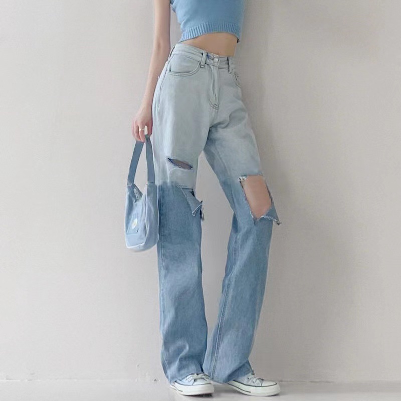 European and American Ripped Gradient Straight Jeans Women's High Waist Loose Drooping Retro Beggar Wide Leg Pants Fashion