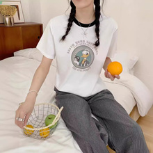 夏季新款韩版休闲时尚简约复古卡通图案宽松短袖圆领T恤衫女3511