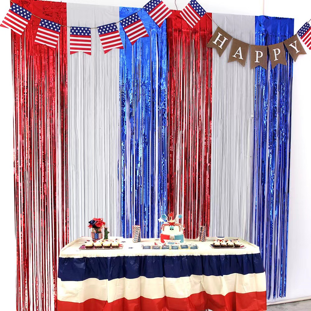 Cross-Border 2023 Us Independence Day Tinsel Curtain Red, White and Blue Stitching Party Decoration Layout Props Supplies