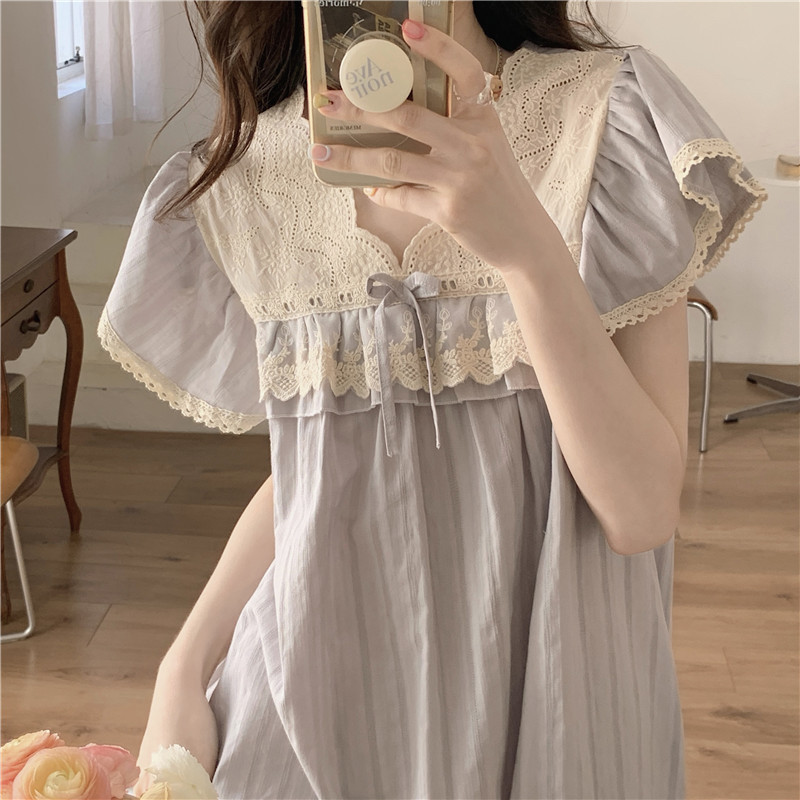 Real Shot 2022 Fashion Korean Style Sweet Lace Princess Style Embroidered Cotton Loose Comfortable Pajamas Dress Outer Wear