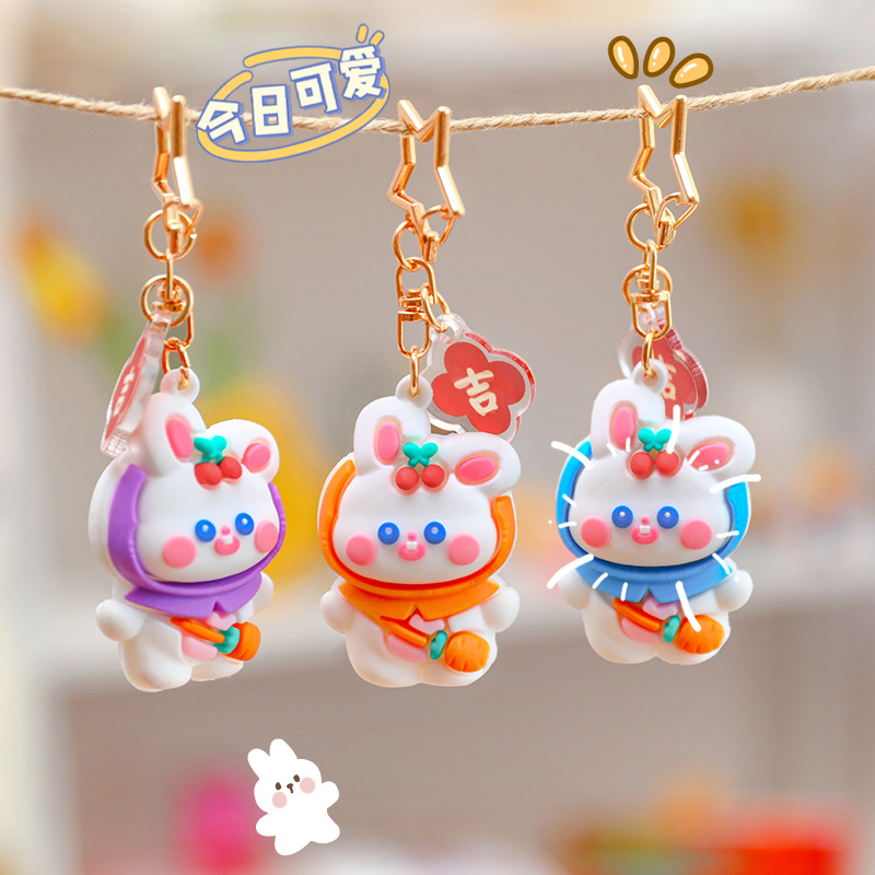 Cute Cherry Rabbit Three-Dimensional Keychain Cartoon DIY Silicone Key Ring Pendants Student Bag Decorative Pendant