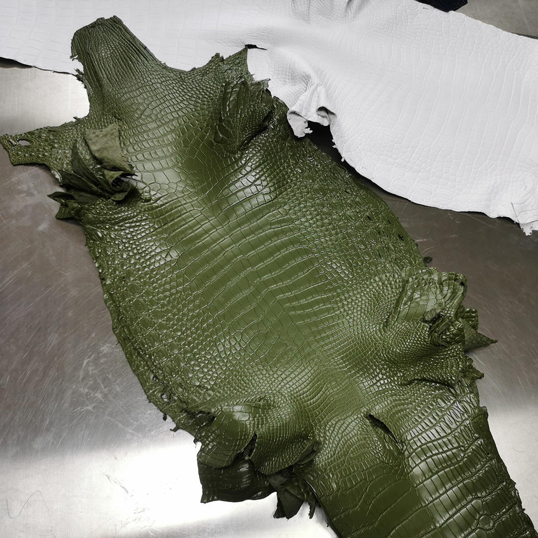 aresgator混种暹罗鳄鱼皮真皮皮料哑光水染丛林绿整张鳄鱼皮批发