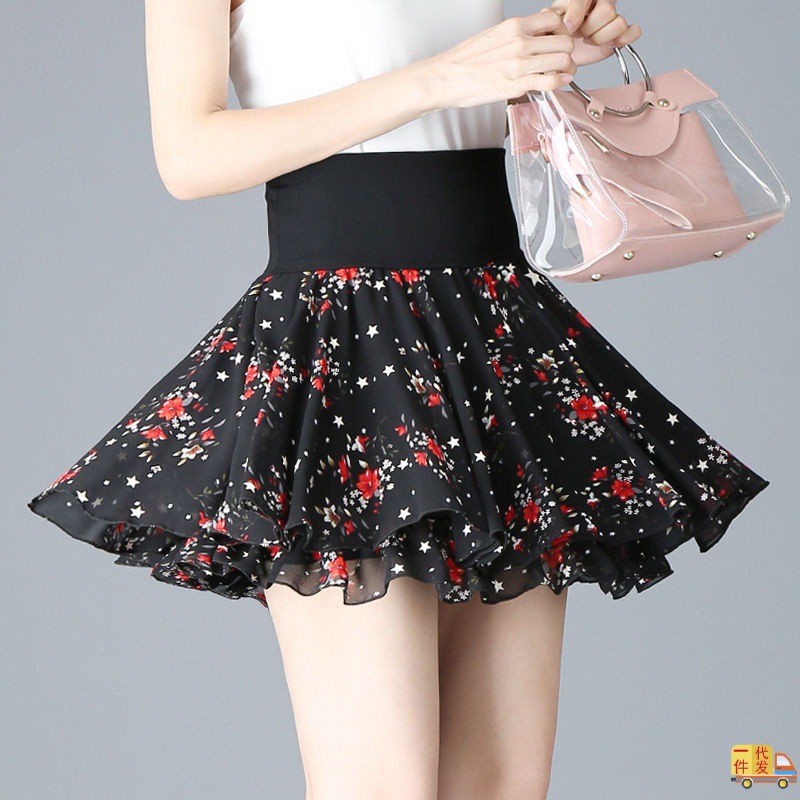 2022夏新款短裙碎花雪纺裙半身裙女高腰短裙a字裙百褶裙防蓝依凝