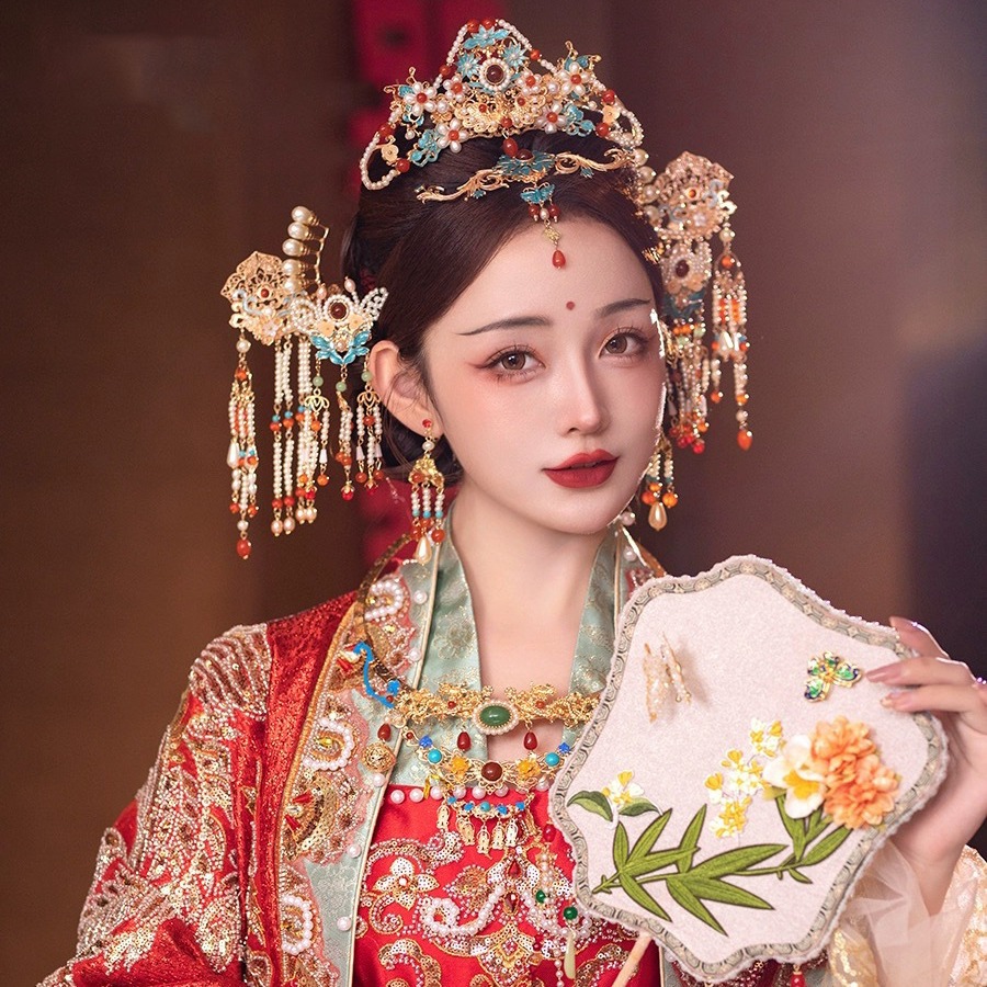 复古中式手工串珠景泰蓝汉服发饰传统新娘秀禾古装新中式宫廷头饰