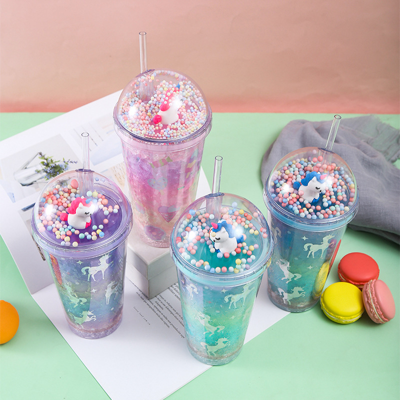 Customized Micro Landscape Colorful Cartoon Plastic Cup Outdoor Pony Water Cup with Straw Student Cute Summer Ice Glass